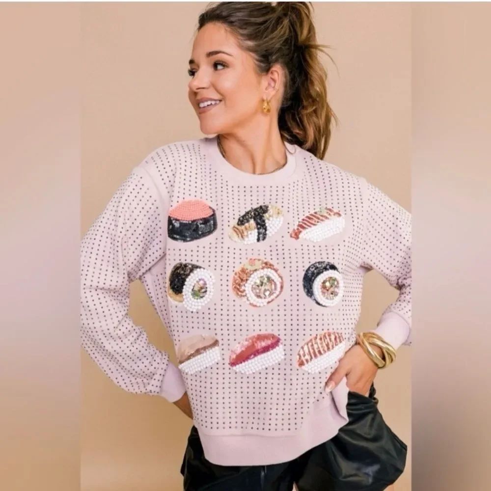 Queen of Sparkles Sushi Crewneck Sweatshirt Embellished Beaded Pink Snack L